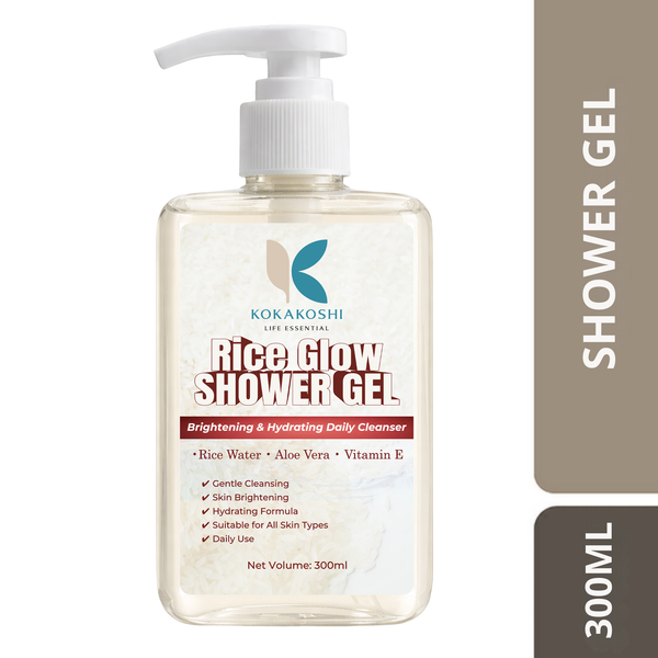 Kokakoshi Rice Glow Shower Gel – Brightening & Hydrating Daily Cleanser with Rice Water, Aloe Vera & Vitamin E | 300ml