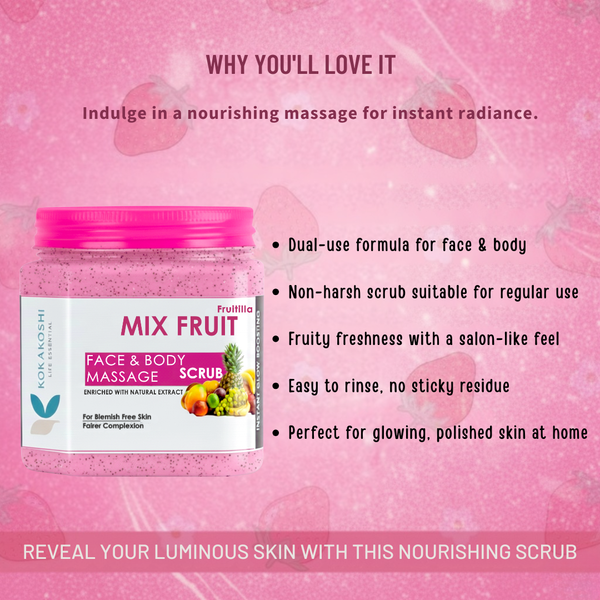 Mix Fruit Face & Body Massage Scrub (400 ml) – Blemish-Free Glow & Skin Brightening Exfoliator | Kokakoshi