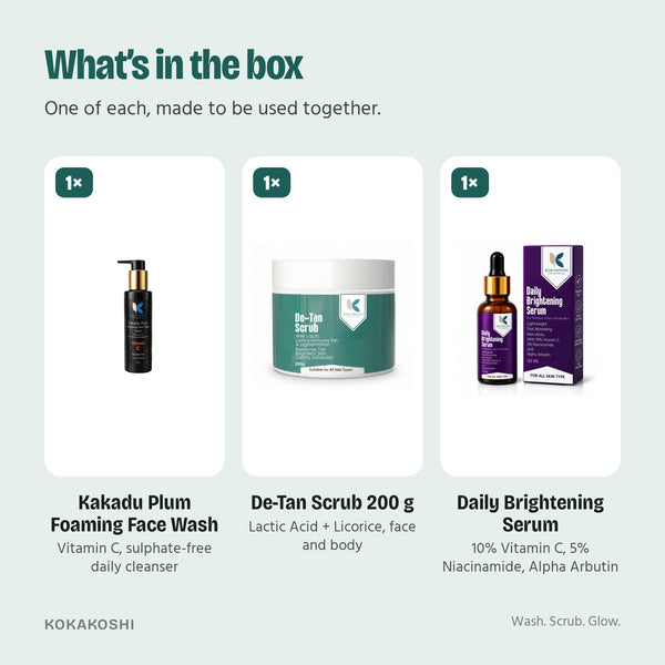 What's in the box: face wash, De-Tan Scrub and serum