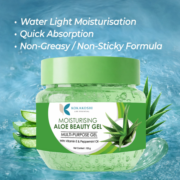 Kokakoshi Moisturising Aloe Beauty Gel – Multi-Purpose Gel with Vitamin E & Peppermint Oil | 100g
