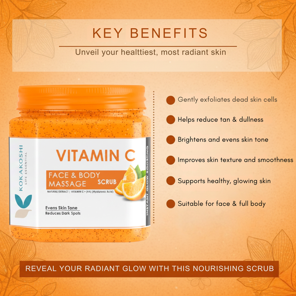 Vitamin C Face & Body Massage Scrub (400 ml) – Brightening & Even Skin Tone Care | Kokakoshi