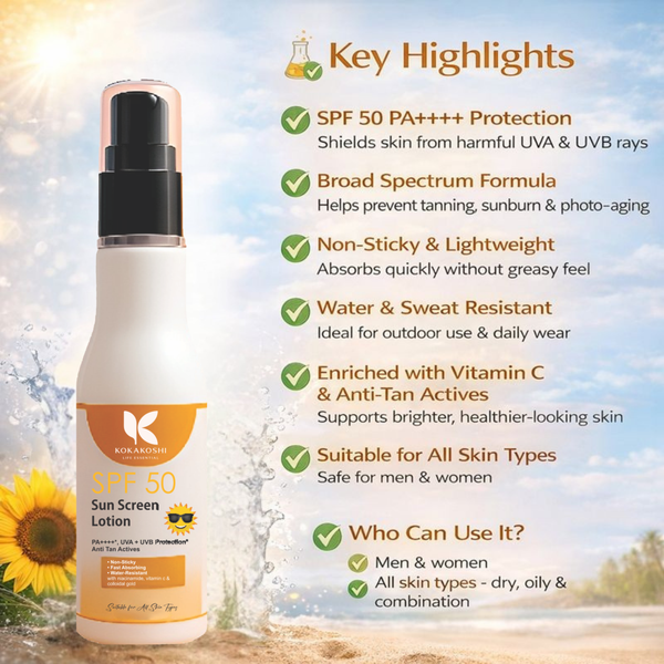 SPF 50 Sunscreen Lotion | PA++++ Broad Spectrum Protection | Kokakoshi