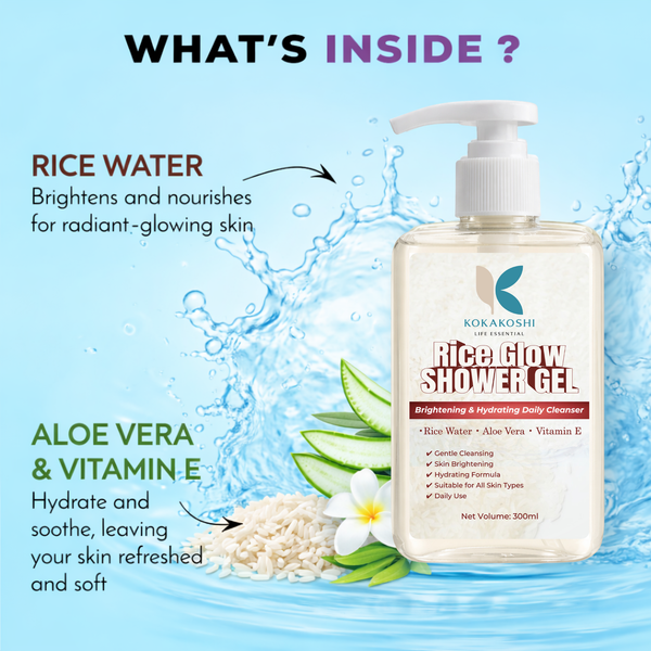 Kokakoshi Rice Glow Shower Gel – Brightening & Hydrating Daily Cleanser with Rice Water, Aloe Vera & Vitamin E | 300ml