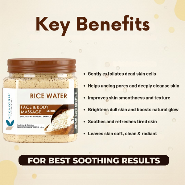 Rice Water Face & Body Massage Scrub (400 ml) – Soothing, Calming & Deep Cleansing Exfoliator | Kokakoshi